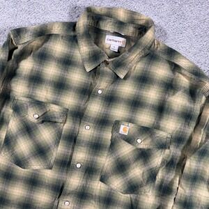 Carhartt Mens XL Relaxed Fit Pearl Snap Flannel Shirt Shadow Plaid Workwear